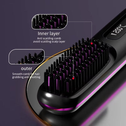 Electric LCD Usb Ceramic Heating Straight Hair Comb Wireless Portable Negative Ion Styling Tool Rechargeable Straightening Brush